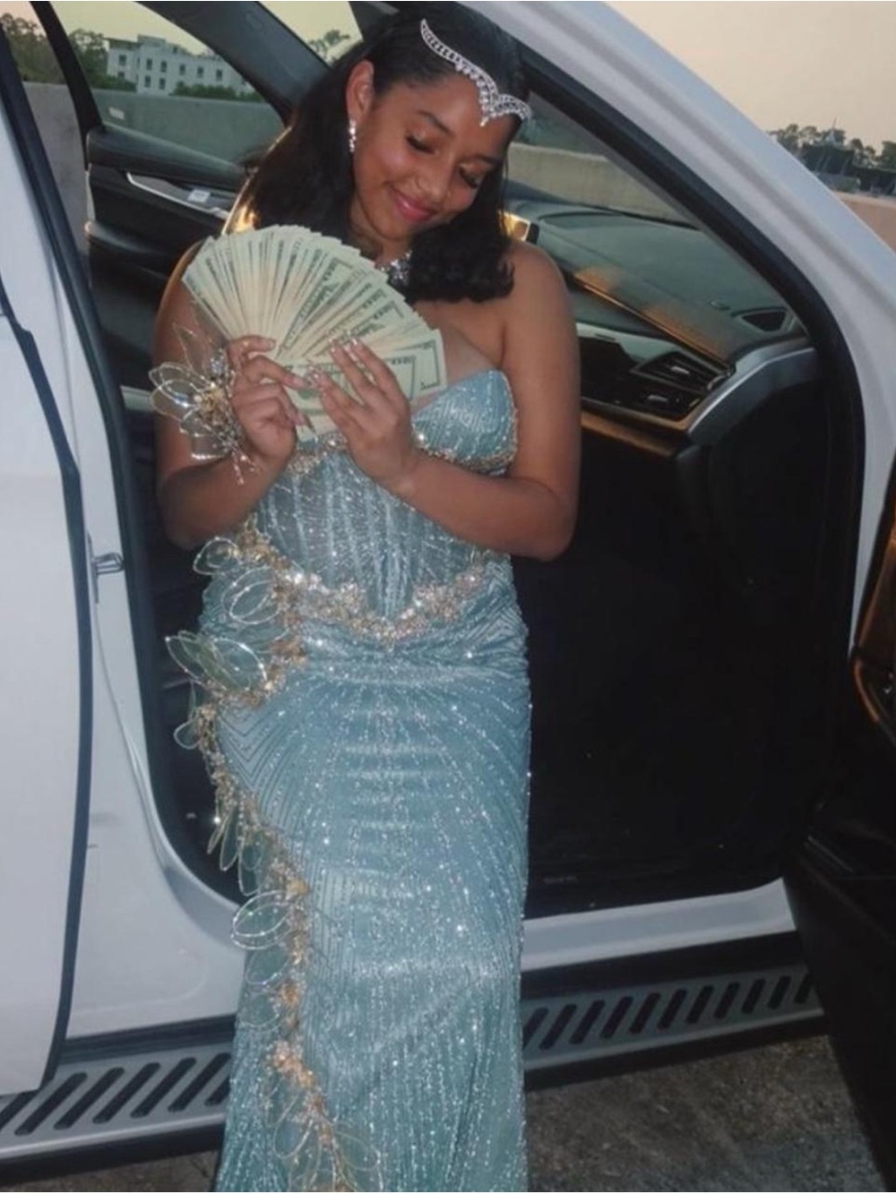 Custom Strapless Rhinestone Aqua Formal Dress